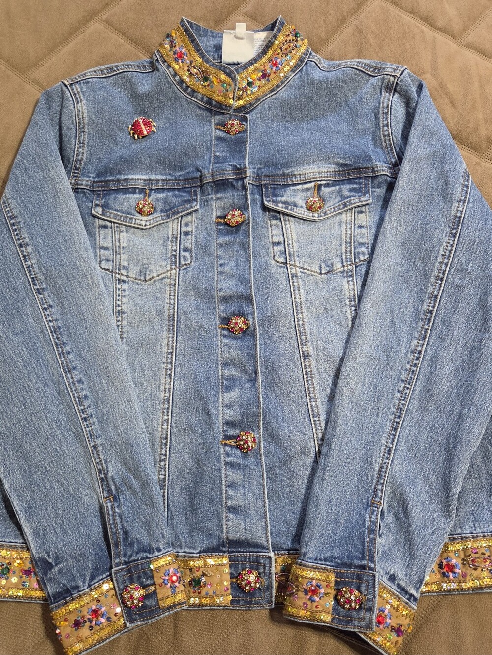 Embellished With Crysyal Buttons Light Blue Denim Jacket with Beaded Trim. Sz L